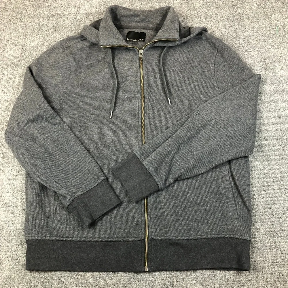 Banana Republic Mens XL Gray Full Zip Hoodie Double Collar‎ Textured Knit Jacket